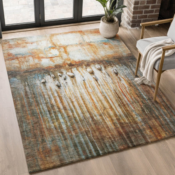 HomeRoots 8' Modern Abstract Rust and Gray Washable Round Rug with UV Protection for Stylish Spaces 715540