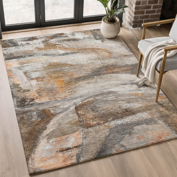 HomeRoots 5' X 8' Brown and Gray Abstract Area Rug – Washable, UV-Protected, Modern Design for Busy Homes 715551