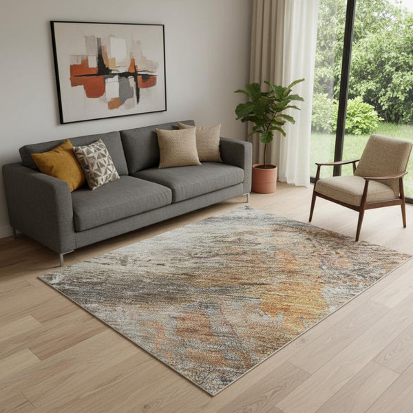 HomeRoots 8' Brown and Gray Abstract Washable Round Rug - Durable, Stain-Resistant, UV Protected for Families! 715552