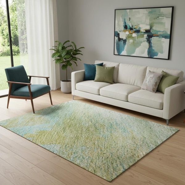 HomeRoots 8' Modern Green and Teal Abstract Washable Round Rug with UV Protection for Stylish Living Spaces 715558