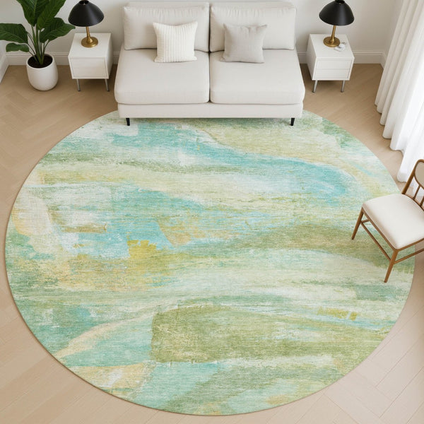 HomeRoots 8' Green and Teal Abstract Area Rug - Washable, UV Protected, Stylish & Durable for Modern Homes 715559