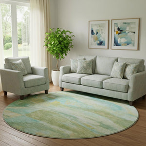 HomeRoots 8' Green and Teal Abstract Area Rug - Washable, UV Protected, Stylish & Durable for Modern Homes 715559