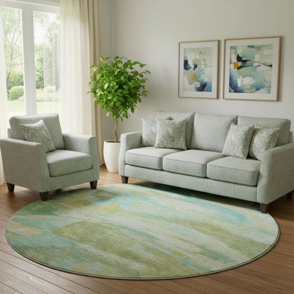 HomeRoots 8' Green and Teal Abstract Area Rug - Washable, UV Protected, Stylish & Durable for Modern Homes 715559