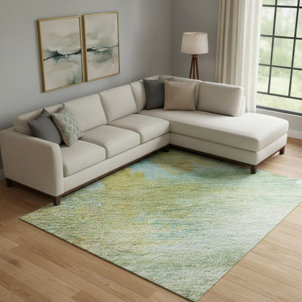 HomeRoots 9' X 12' Green And Teal Abstract Washable Area Rug - Durable, Stain Resistant, UV Protected Design! 715560