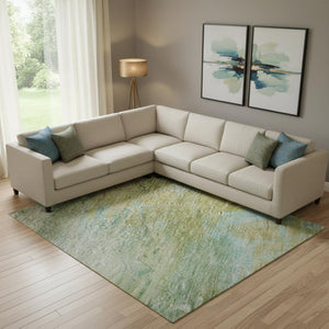 HomeRoots 10' X 14' Vibrant Green and Teal Abstract Area Rug - Washable, UV-Protected, Durable for Busy Homes 715561