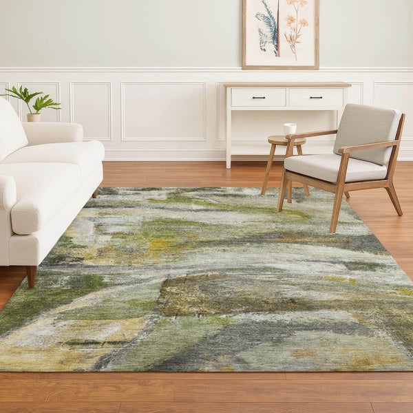 HomeRoots 8' Olive Green and Gray Abstract Washable Round Rug with UV Protection for Stylish Home Decor 715564