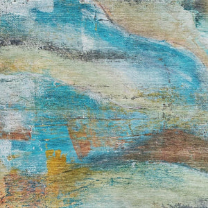 HomeRoots 5' X 8' Teal and Beige Abstract Area Rug - Washable, UV-Protected, Durable for High-Traffic Spaces 715569