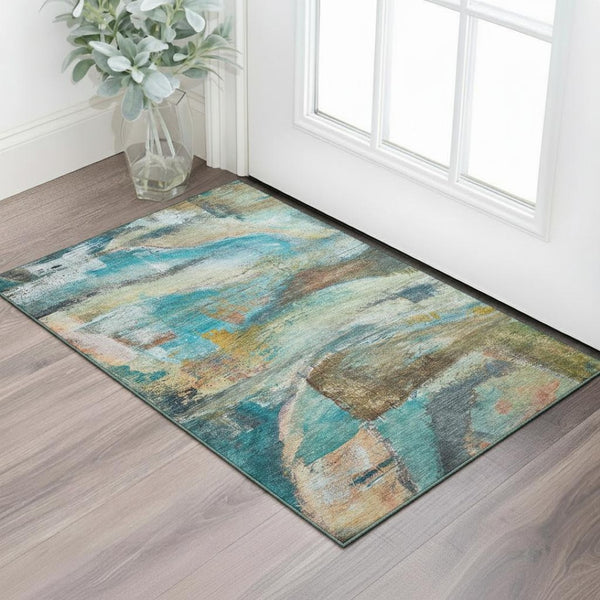 HomeRoots 5' X 8' Teal and Beige Abstract Area Rug - Washable, UV-Protected, Durable for High-Traffic Spaces 715569