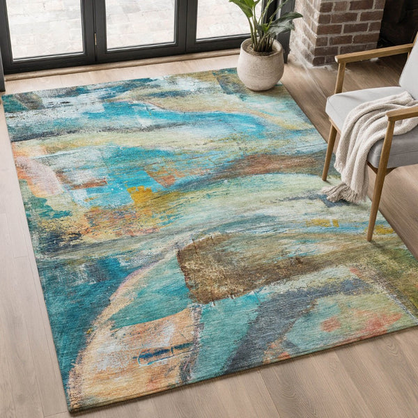 HomeRoots 8' Teal and Beige Abstract Washable Round Rug – UV Protected, Durable, Stylish for Homes & Outdoors 715570
