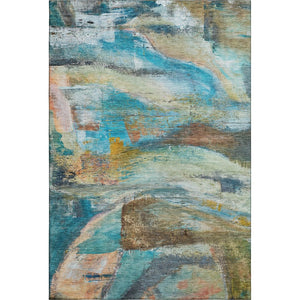 HomeRoots 8' Teal and Beige Abstract Washable Round Rug – UV Protected, Durable, Stylish for Homes & Outdoors 715570