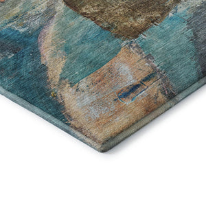 HomeRoots 8' Teal and Beige Abstract Washable Round Rug – UV Protected, Durable, Stylish for Homes & Outdoors 715570