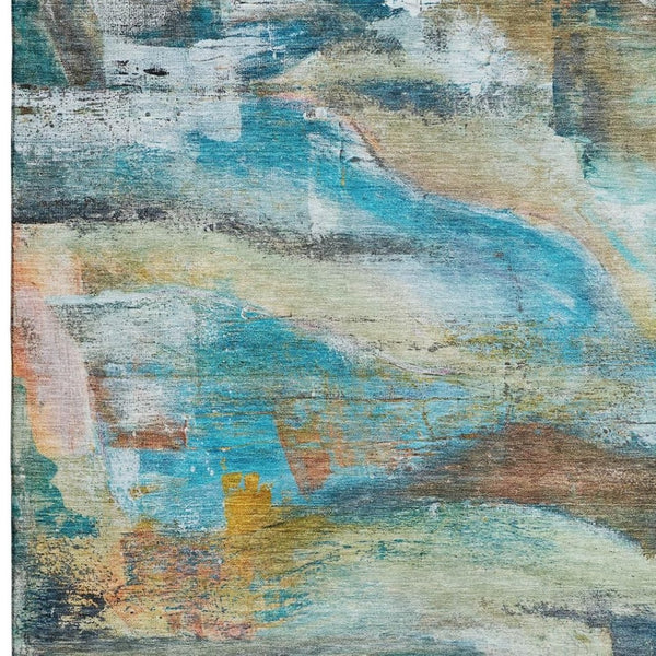 HomeRoots 8' Teal and Beige Abstract Washable Round Rug – UV Protected, Durable, Stylish for Homes & Outdoors 715570