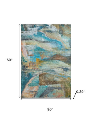 HomeRoots 8' Teal and Beige Abstract Washable Round Rug – UV Protected, Durable, Stylish for Homes & Outdoors 715570