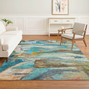 HomeRoots 8' Teal and Beige Abstract Washable Round Rug – UV Protected, Durable, Stylish for Homes & Outdoors 715570