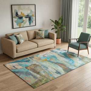 HomeRoots 8' Teal and Beige Abstract Washable Round Rug – UV Protected, Durable, Stylish for Homes & Outdoors 715570