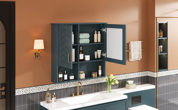 English Elm 2-in-1 Matte Wall Mounted Medicine Cabinet Soft Close Mirror Storage for Bathroom Vanity Blue N710P389456C