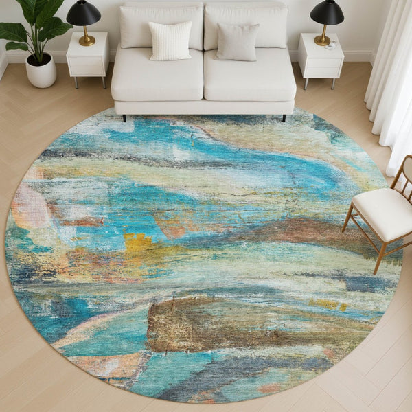 HomeRoots 8' X 10' Washable Teal & Beige Abstract Area Rug - UV Protected, Pet-Friendly, Modern Design Comfort 715571
