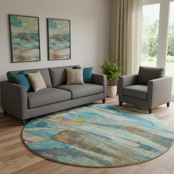 HomeRoots 8' X 10' Washable Teal & Beige Abstract Area Rug - UV Protected, Pet-Friendly, Modern Design Comfort 715571