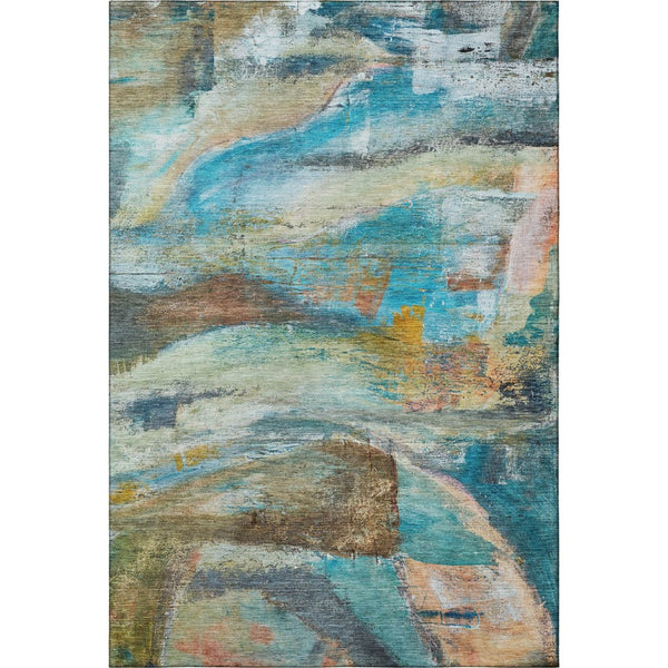 HomeRoots 9' X 12' Teal And Beige Abstract Area Rug - Washable, UV-Protected, Stylish & Durable for Homes 715572