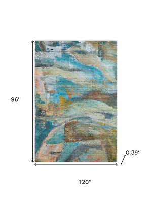 HomeRoots 9' X 12' Teal And Beige Abstract Area Rug - Washable, UV-Protected, Stylish & Durable for Homes 715572