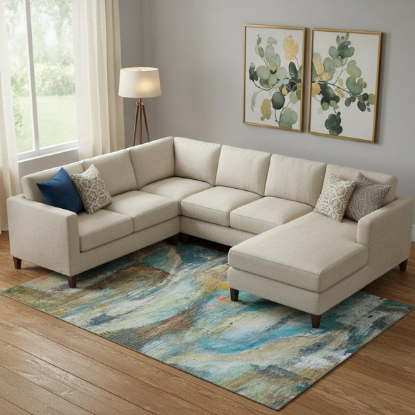 HomeRoots 9' X 12' Teal And Beige Abstract Area Rug - Washable, UV-Protected, Stylish & Durable for Homes 715572