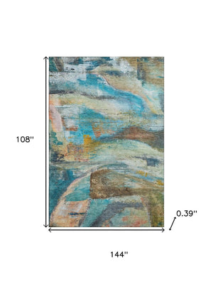 HomeRoots 10' X 14' Teal and Beige Abstract Area Rug – Washable, UV-Protected, Durable for High-Traffic Spaces 715573