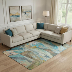 HomeRoots 10' X 14' Teal and Beige Abstract Area Rug – Washable, UV-Protected, Durable for High-Traffic Spaces 715573