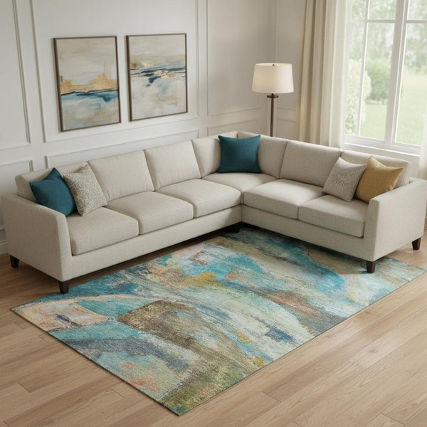 HomeRoots 10' X 14' Teal and Beige Abstract Area Rug – Washable, UV-Protected, Durable for High-Traffic Spaces 715573