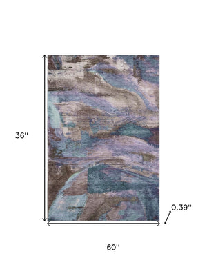 HomeRoots 5' X 8' Stylish Coffee and Blue Abstract Area Rug – Machine Washable, Stain Resistant, UV Protected! 715575