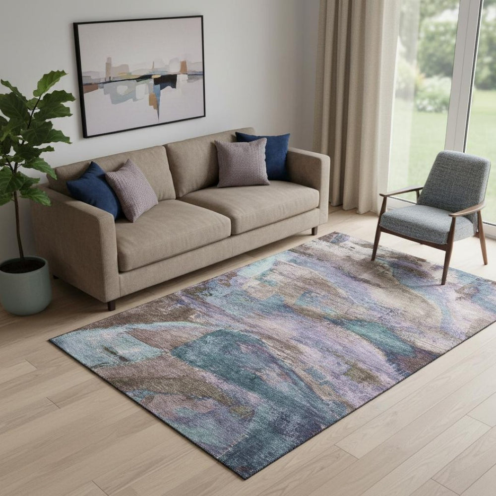 HomeRoots 8' Coffee and Blue Abstract Washable Round Rug - Durable, UV Protected, Perfect for High-Traffic Areas 715576