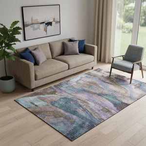 HomeRoots 8' Coffee and Blue Abstract Washable Round Rug - Durable, UV Protected, Perfect for High-Traffic Areas 715576