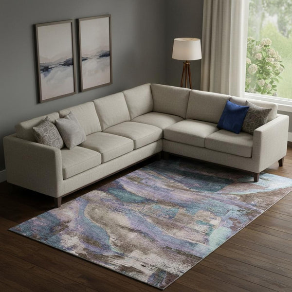 HomeRoots 9' X 12' Coffee and Blue Abstract Area Rug - Washable, UV Protected, Durable, Perfect for Families! 715578