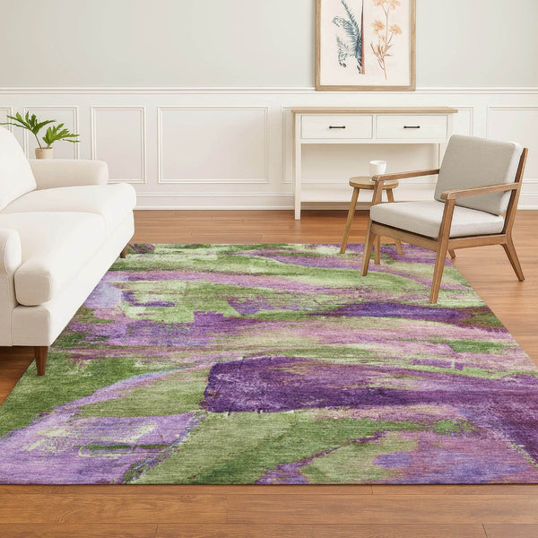 HomeRoots 5' X 8' Vibrant Purple and Green Abstract Washable Area Rug with UV Protection for Modern Spaces 715581