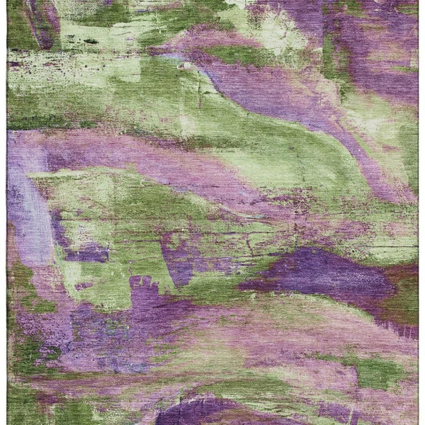 HomeRoots 8' Vibrant Purple and Green Abstract Washable Round Rug with UV Protection for High-Traffic Areas 715582