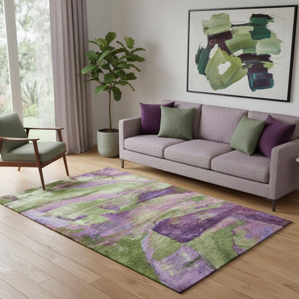 HomeRoots 8' Vibrant Purple and Green Abstract Washable Round Rug with UV Protection for High-Traffic Areas 715582