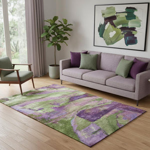 HomeRoots 8' Vibrant Purple and Green Abstract Washable Round Rug with UV Protection for High-Traffic Areas 715582