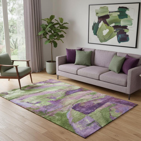 HomeRoots 8' Vibrant Purple and Green Abstract Washable Round Rug with UV Protection for High-Traffic Areas 715582