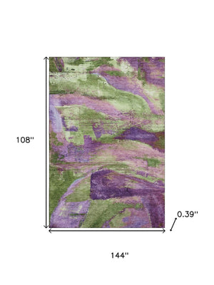 HomeRoots 10' X 14' Abstract Area Rug in Bold Purple & Green - Washable, UV-Protected, Non-Slip Design! 715585