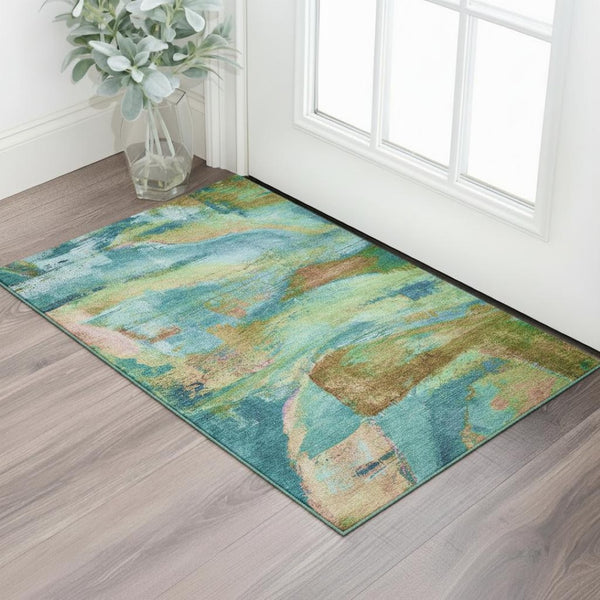 HomeRoots 5' X 8' Teal and Blush Abstract Area Rug - Washable, UV-Protected, Perfect for High-Traffic Spaces 715587