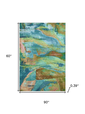 HomeRoots 8' Teal and Blush Abstract Washable Round Rug - Stain-Resistant, UV Protected, Non-Slip Design 715588