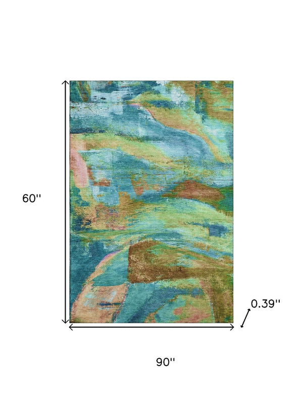 HomeRoots 8' Teal and Blush Abstract Washable Round Rug - Stain-Resistant, UV Protected, Non-Slip Design 715588