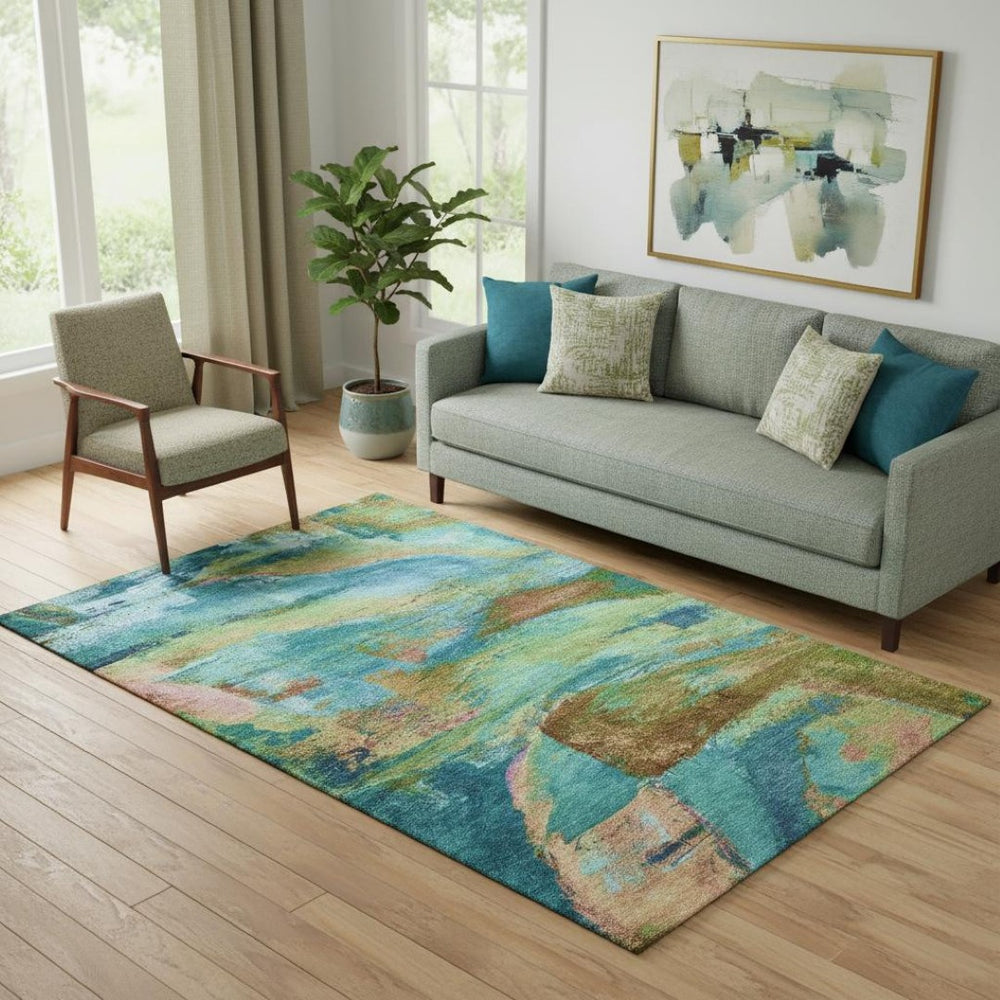 HomeRoots 8' Teal and Blush Abstract Washable Round Rug - Stain-Resistant, UV Protected, Non-Slip Design 715588
