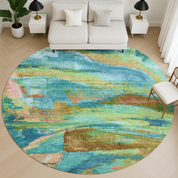 HomeRoots 8' X 10' Teal and Blush Abstract Area Rug - Washable, UV-Protected, Stain-Resistant for Modern Homes 715589