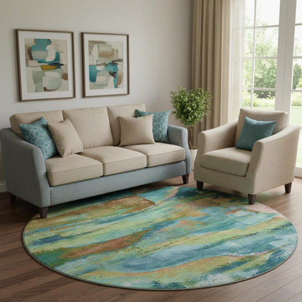 HomeRoots 8' X 10' Teal and Blush Abstract Area Rug - Washable, UV-Protected, Stain-Resistant for Modern Homes 715589