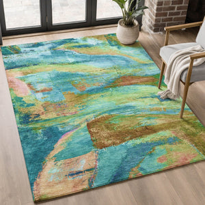 HomeRoots 9' X 12' Teal and Blush Abstract Area Rug - Washable, UV Protected, Stylish & Durable for Busy Homes 715590