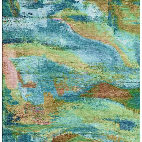HomeRoots 9' X 12' Teal and Blush Abstract Area Rug - Washable, UV Protected, Stylish & Durable for Busy Homes 715590