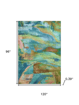 HomeRoots 9' X 12' Teal and Blush Abstract Area Rug - Washable, UV Protected, Stylish & Durable for Busy Homes 715590