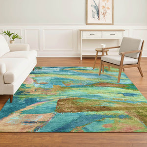 HomeRoots 9' X 12' Teal and Blush Abstract Area Rug - Washable, UV Protected, Stylish & Durable for Busy Homes 715590