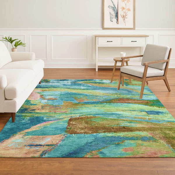 HomeRoots 9' X 12' Teal and Blush Abstract Area Rug - Washable, UV Protected, Stylish & Durable for Busy Homes 715590