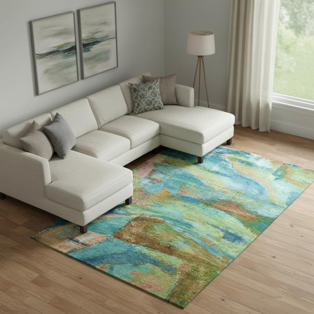 HomeRoots 9' X 12' Teal and Blush Abstract Area Rug - Washable, UV Protected, Stylish & Durable for Busy Homes 715590
